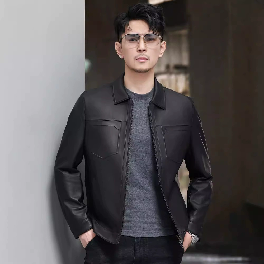 Autumn short jacket, genuine leather, for middle age