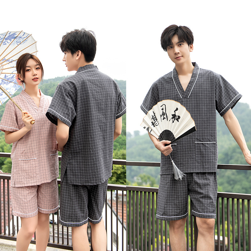 2023新款V领汗蒸服棉格子浴服情侣家居睡衣SPA美容水洗棉男女款