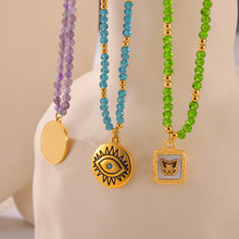 跨境多巴胺个性设计天然水晶手工串珠钛钢眼睛蝴蝶几何吊坠项链女