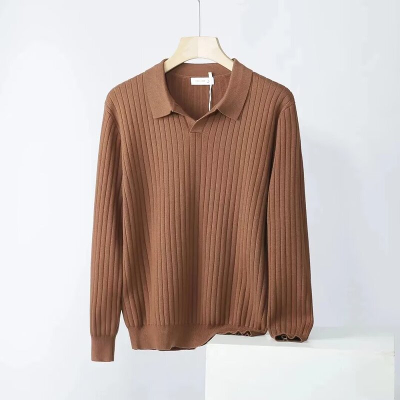 Retro Pure Color Polo Lapel Knitwear Early Autumn New Men's Inner Wear Elegant Slim Bottoming Shirt Top