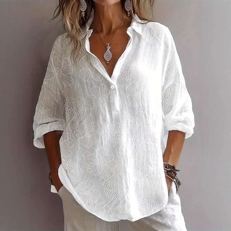 European and American Amazon Jacquard Hollow-Out Loose Shirt for Women, Lightweight Semi-Transparent Solid Color Spring and Summer Casual Vacation Shirt