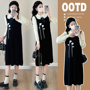 Pregnant Women's Sweater plus size Black Knitted Skirt Autumn and Winter Fake Two-piece Long dress for Slight Fat Girls