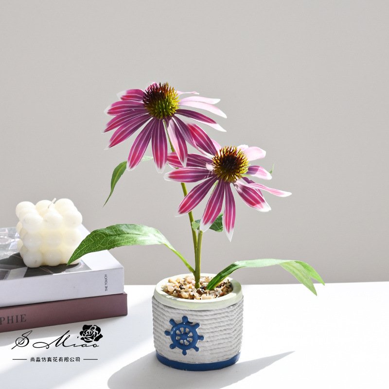 Nuevo estilo transfronterizo de dos cabezas de equinácea pequeño bonsái decoración de estudio fotográfico de hogar creativo decoración de planta verde artificial simulación en maceta image 7