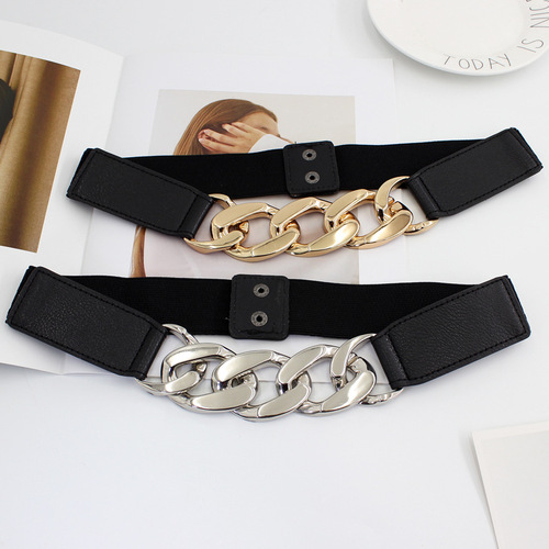 Ladies Fashion 8-Character Metal Chain Buckle Relaxed Belt for Dresses, Coats, and Suit with Elastic Waist Closure