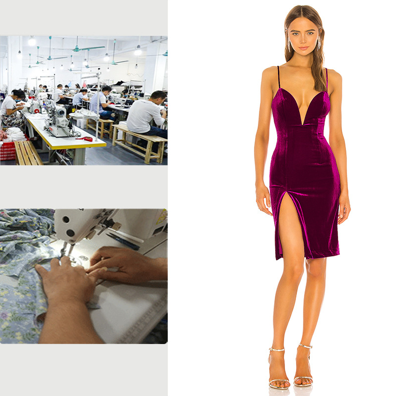 2024年性感复古金丝绒女纯色侧开叉连衣女短裙直营服装加工厂定制