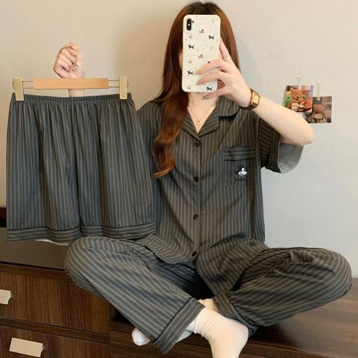Pijamas de verano de las mujeres delgados pantalones de manga corta cardigan conjunto de tres piezas popular en línea nuevo traje de desgaste de casa de verano image 47