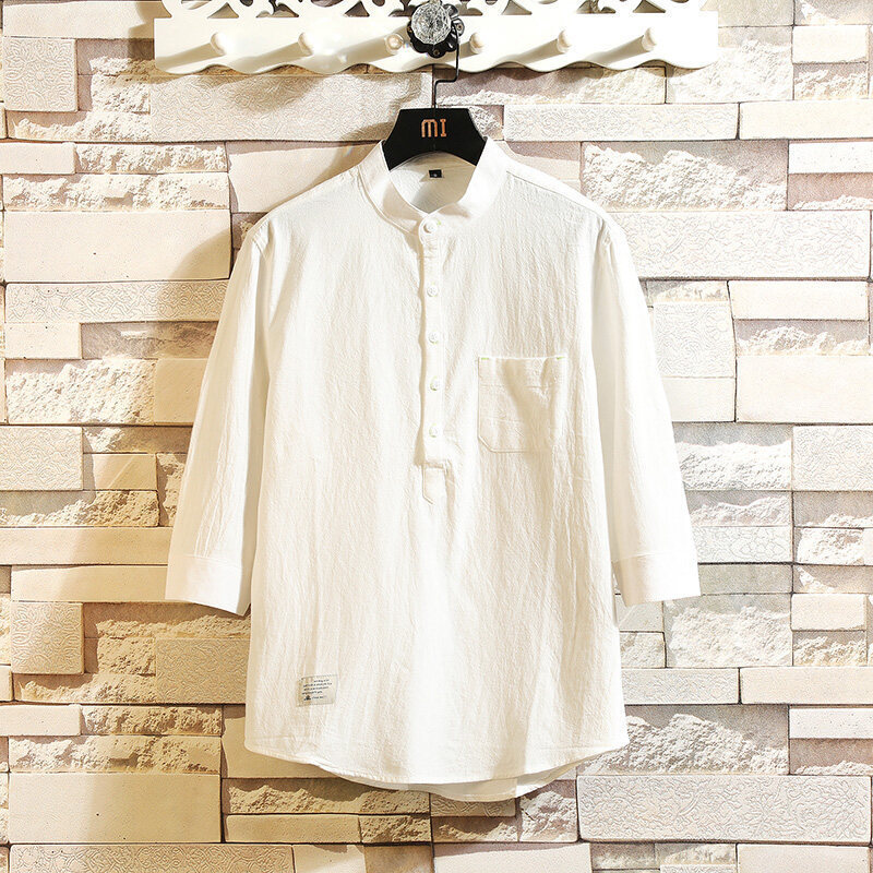 立襟tシャツ男性半袖夏の薄いファッションブランドの氷糸綿麻T七分袖シャツ服中国風純綿シャツ|undefined