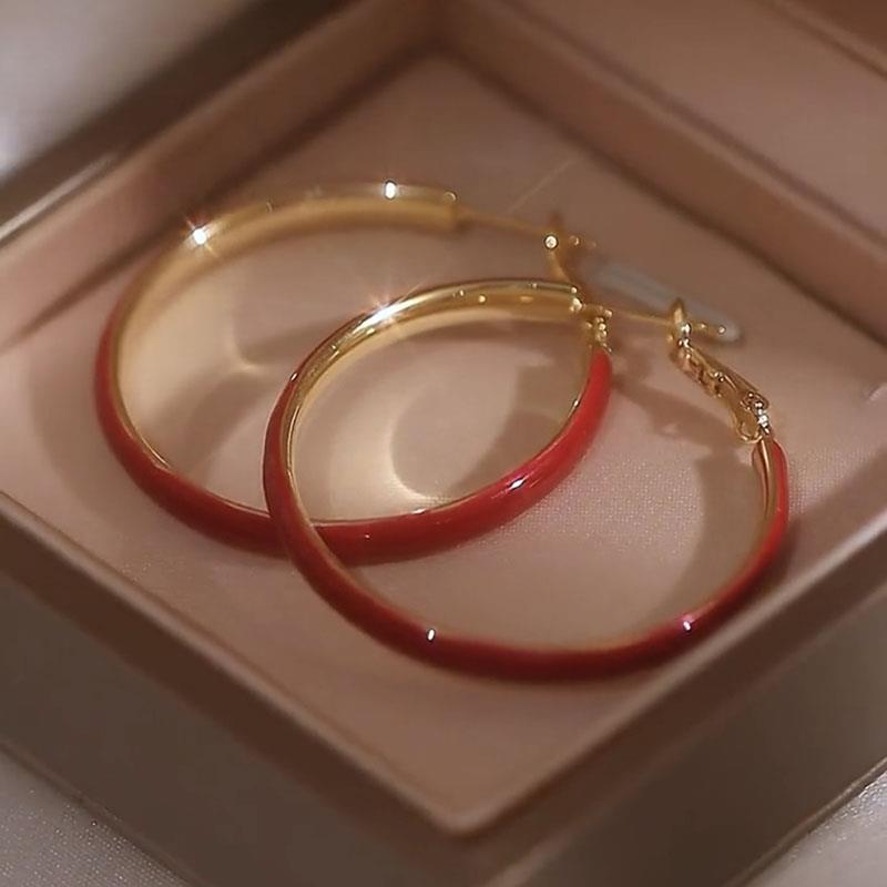 Red big circle plain hoop earrings light luxury niche design high sense temperament earrings new popular earrings silver needle