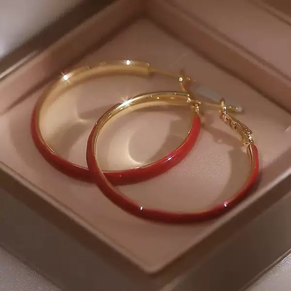 Red big circle plain hoop earrings light luxury niche design high sense temperament earrings new popular earrings silver needle