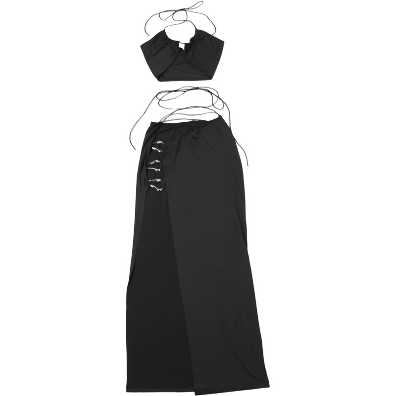 Autumn Winter Women Clothing Sexy Halter Backless Camisole Hollow Out Cutout Split Skirt Set Women