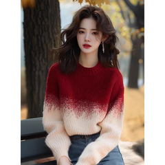 安可拉红杏色渐变圆领毛衣女款2025新款冬季针织衫独特超好看上衣