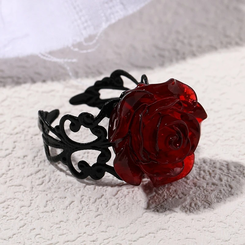 Adjustable Gothic Red Rose Flower Ring For Women In Metal_voghion.com