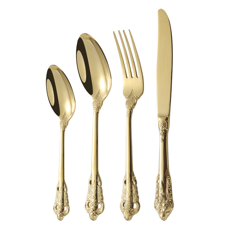 Cuchillo, tenedor y cuchara de corte transfronterizo Traje de vajilla occidental Cuchillo y tenedor de filete de acero inoxidable 304 Juego de 4 piezas de tenedor y cuchara de postre de restaurante occidental