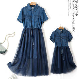 牛仔成衣砂洗配网纱压邹下摆亲子连衣裙2024春新款拼接连衣裙9015