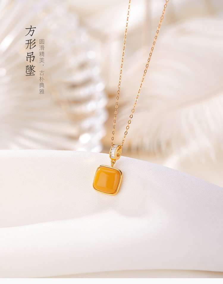 Mặt dây chuyền bạc S925 mạ vàng hình vuông sáp ong phong cách hình học đơn giản — Kiểu bạc (không có dây chuyền) chi tiết 3