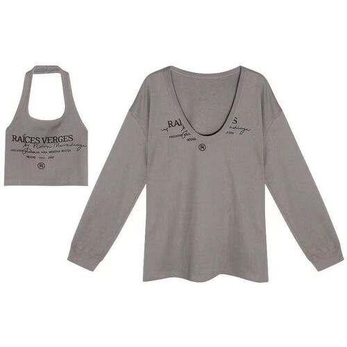 Layered design sweet and spicy set of medium-length hoodie for large size plus size mm autumn letter V-neck top two-piece set