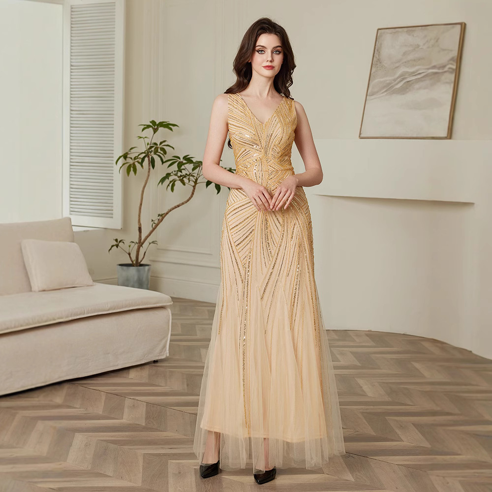 Paillettenkleid, elegantes Abendkleid, europäischer und amerikanischer Stil, tailliertes Partykleid, langes Kleid_voghion.com