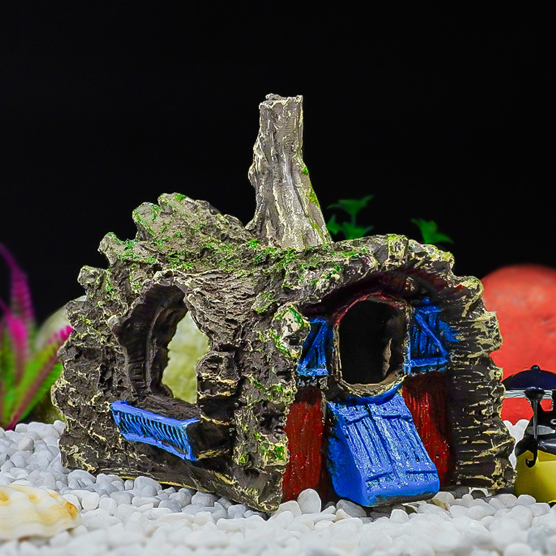 Adornos decorativos de resina para peceras, casa de escondite para peces pequeños, decoración de paisajismo, casa de corteza, cueva, escondite para reptiles, agujero de árbol, transfronterizo