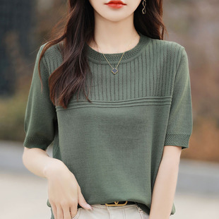 Summer new women's clothing Quzhu ice hemp silk short sleeve women's sweater T-shirt women's round neck thin Korean version of foreign trade wholesale generation