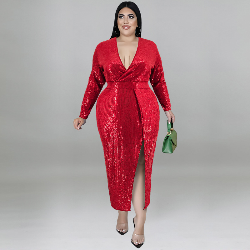 Plus size fluweel bodycon midi jurk met pailletten en v-hals voor dames_voghion.com