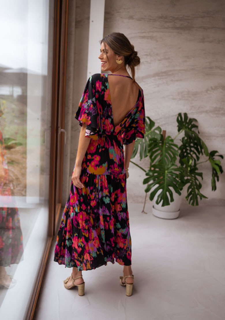 print V-Neck Backless large Swing mid-sleeve Dress NSOYL131447