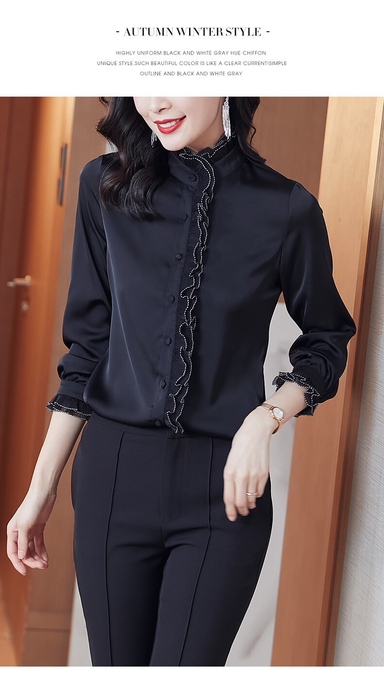 Satin chiffon stand-up collar, black ear-trimmed shirt for women, long-sleeved 2022 new Spring and autumn style, lace pic 3