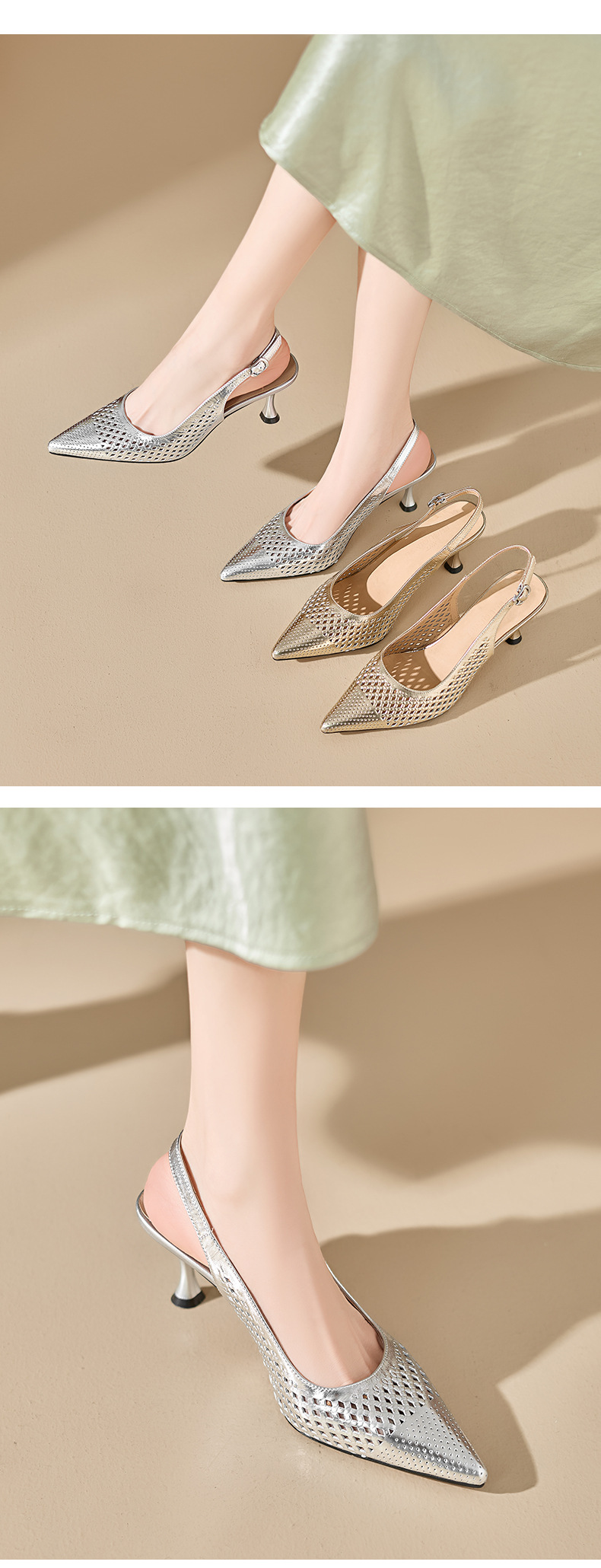 Sandal cao gót nữ mũi nhọn hở gót, gót 7 cm, phong cách Âu Mỹ — màu vàng chi tiết 3