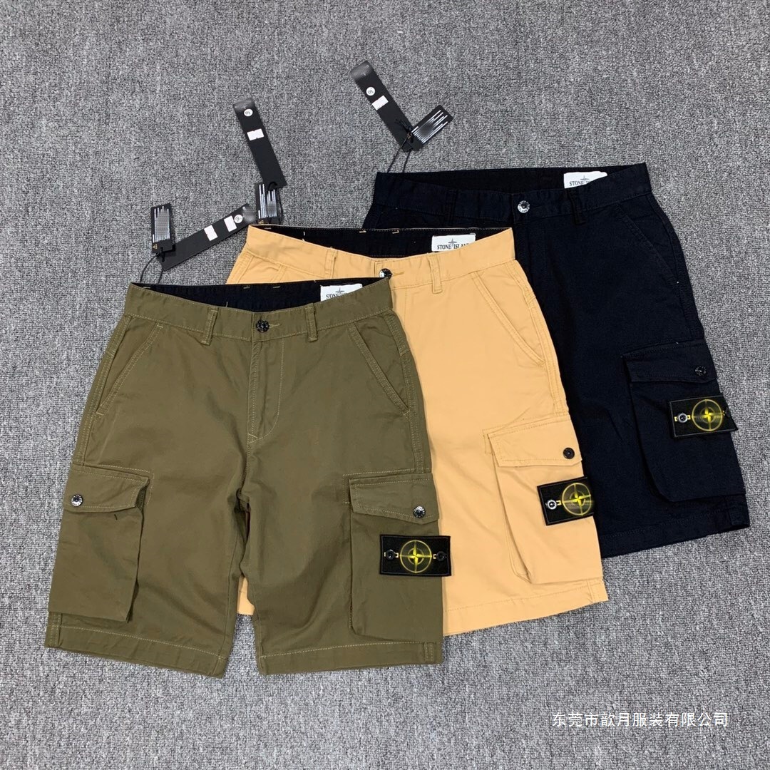 Cross-Border Stone Island Summer Straight Shorts Multi-Pocket Cargo Pure Cotton Five-Point Sports Pants for Men