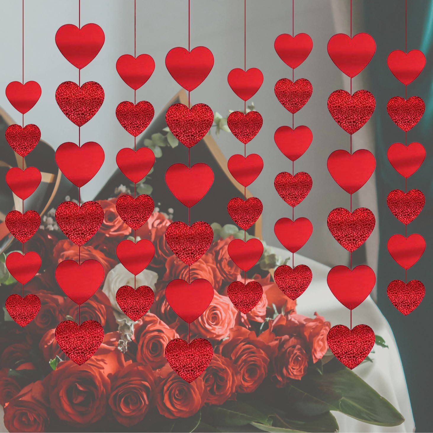 Valentine's Day Heart-Shaped Hanging Decorations for Wedding Party, Heart-Shaped Garland Ribbons, Wedding Room Arrangement, Hanging Wedding Decorations