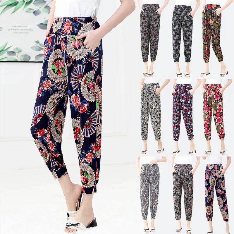 Летние тонкие брюки из ледяного шелка, женские шаровары, Брюки для похудения больших размеров для мам, Антимоскитные брюки с вырезом по щиколотку, женская одежда среднего и пожилого возраста