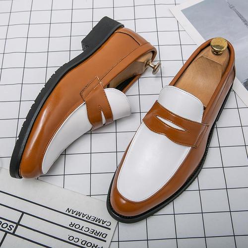Cross-border large size  spring black and white plaid leather shoes for men, slip-on Loafers, Korean style fashionable business shoes
