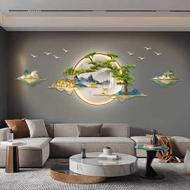 客厅沙发背景墙装饰画玄关圆形迎客松国风新中式轻奢创意三联挂画