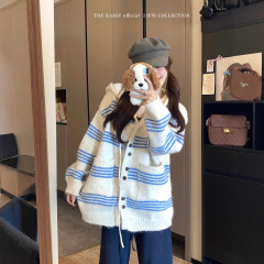 慵懒风撞色条纹长袖毛衣外套女2025秋季减龄宽松连帽针织开衫