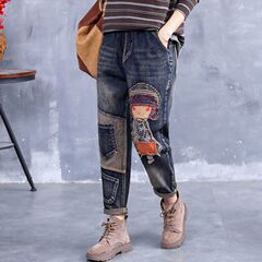 女性用ルーズジーンズ 2025 秋の新作弾性ウエストカジュアル大きいサイズレトロパッチ刺繍ダメージ加工ハーレムパンツ