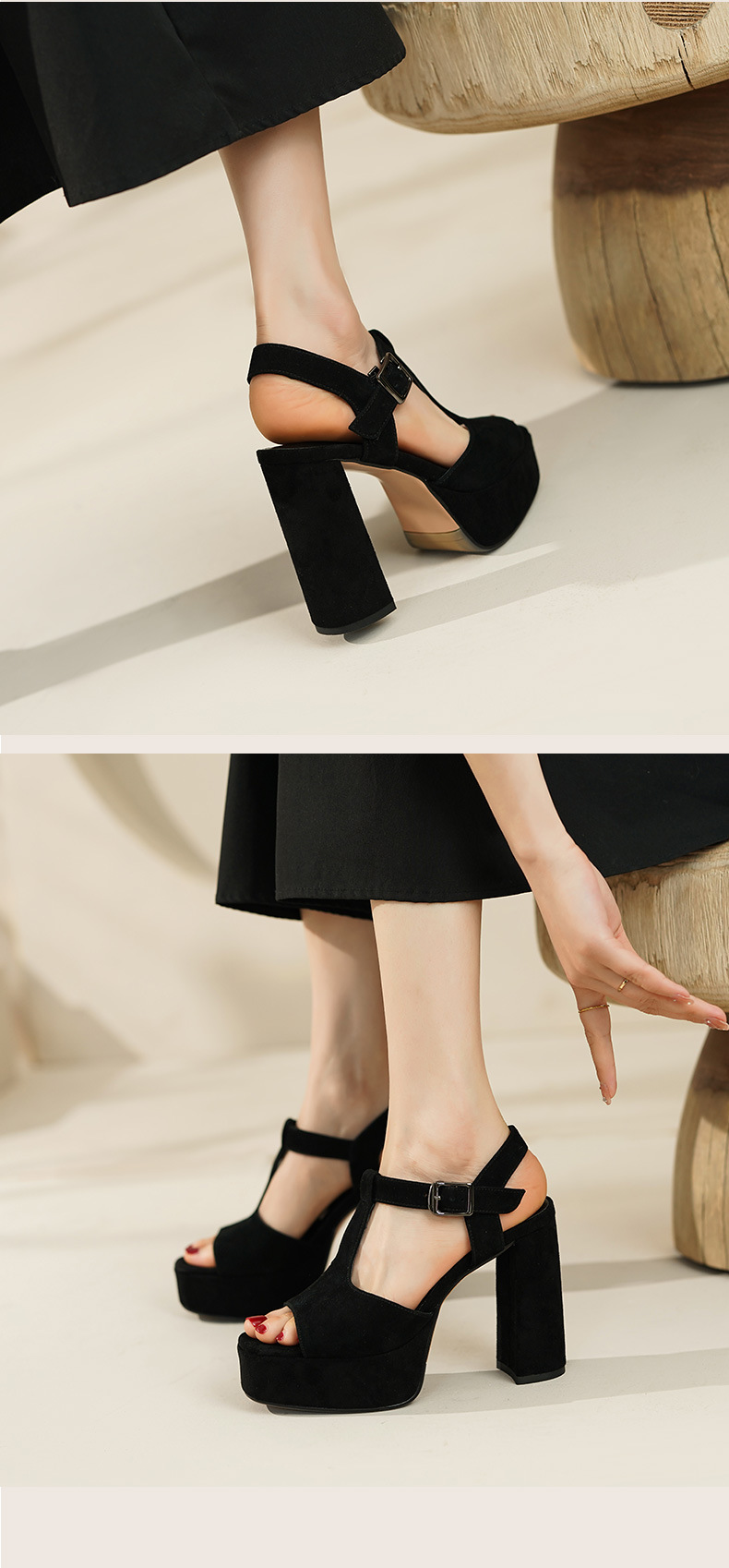 Sandal cao gót nữ quai chữ T đế dày gót vuông mũi cá da bò — Màu Đen [da cừu] chi tiết 6