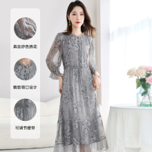 【100%桑蚕丝】达人直播重工绣花中长裙炒色桑蚕丝连衣裙女9372