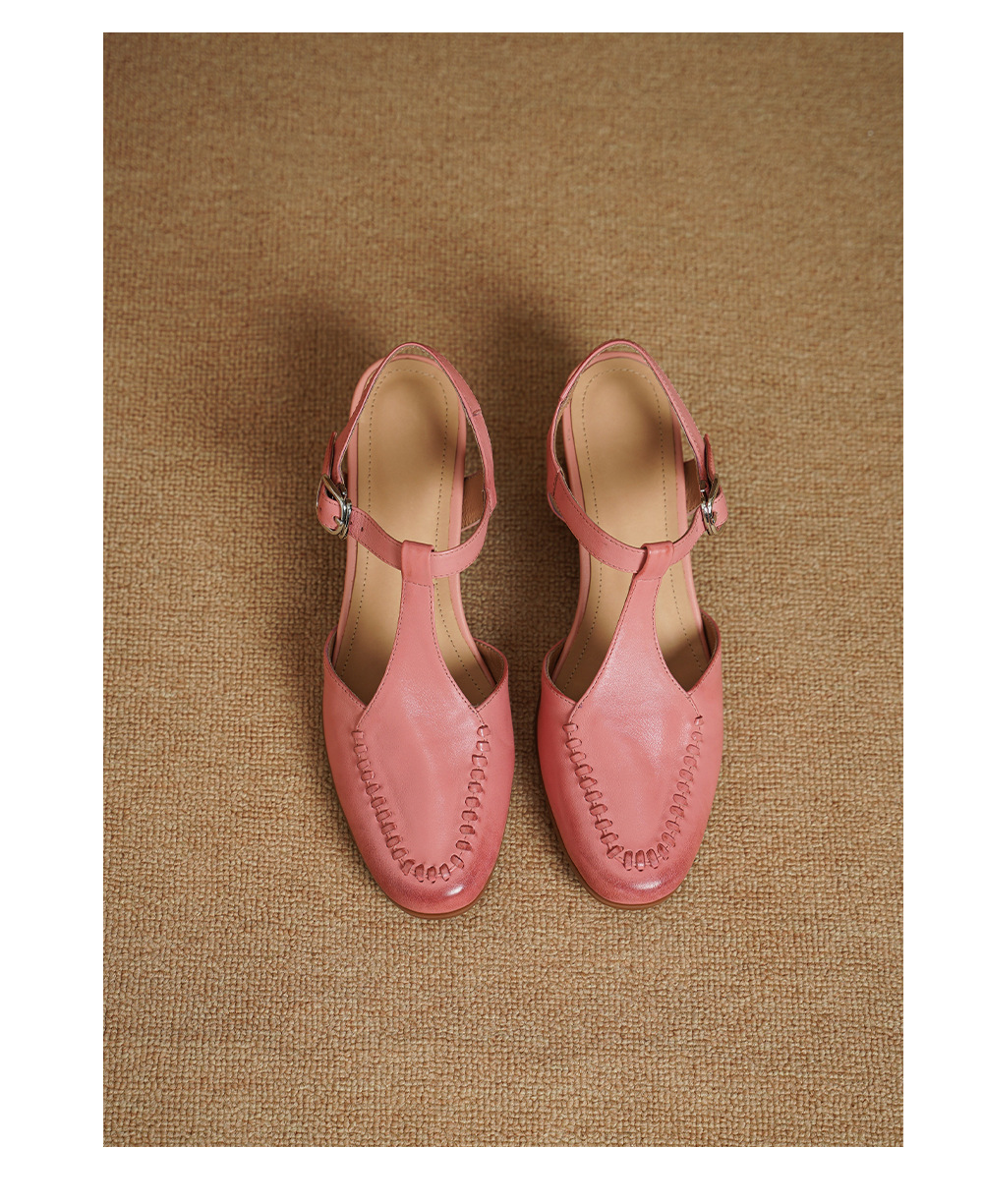 Sandal nữ mũi nhọn quai chữ T da bò gót 5 cm phong cách vintage — Màu hồng chi tiết 14