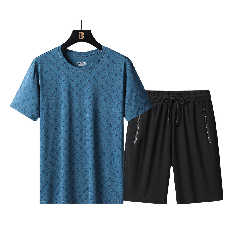 Nuevo traje de manga corta de seda de hielo para hombre Camiseta fresca de verano ropa de secado rápido cuello redondo traje de manga corta