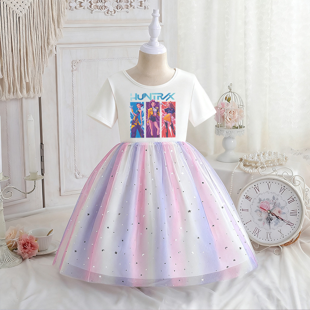 K-Pop Girls Dress Summer Short-Sleeved Kidsren's Clothing Little Girl Rainbow Princess Dress Kidsren's Skirt Witch Girl Group