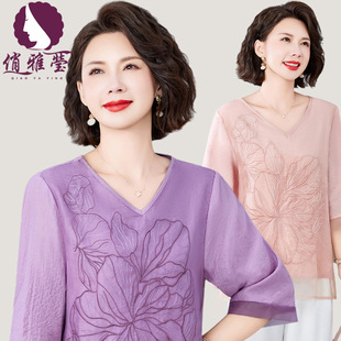 2025 Summer New Chinese Style National Style Middle-Aged and Elderly Mother's Tops, Fashionable and Versatile, Covering the Flesh and Slimming Look, Mid-Sleeve Shirts