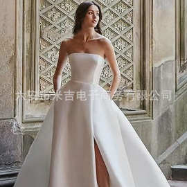 欧美新娘抹胸缎面主婚纱2025新款舞会礼服酒会宴会开叉晚礼服批发