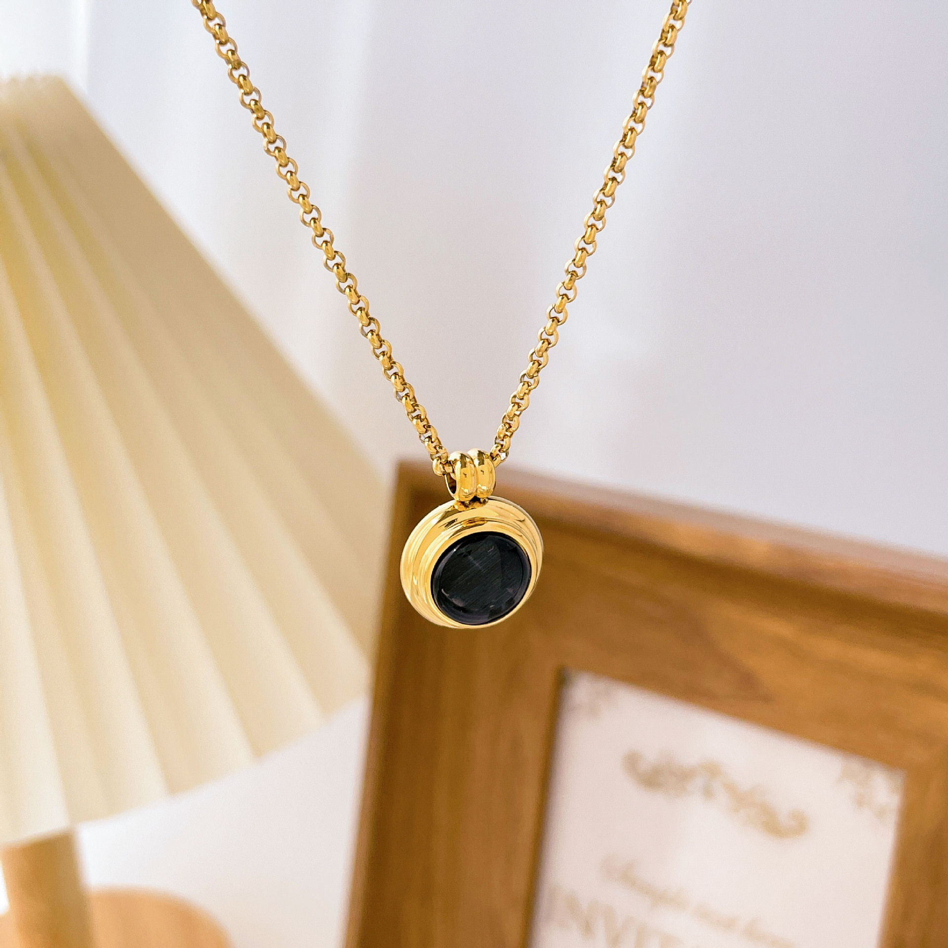 Vintage Style Geometric Titanium Steel Inlay Opal Agate Shell Pendant Necklace_colorza_7