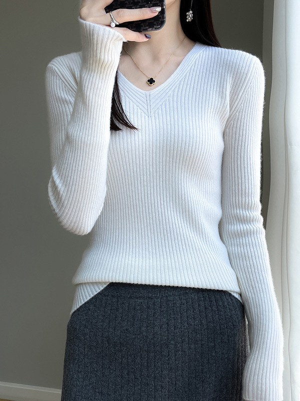 女士长袖针织衫秋冬新款修身套头毛衣内搭韩系简约显瘦针织打底衫|undefined