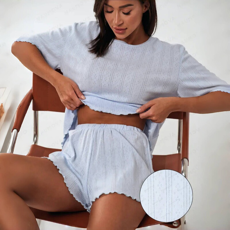 专供欧美跨境爆款睡衣女士舒适圆领上衣短裤休闲家居服套装可外穿|undefined