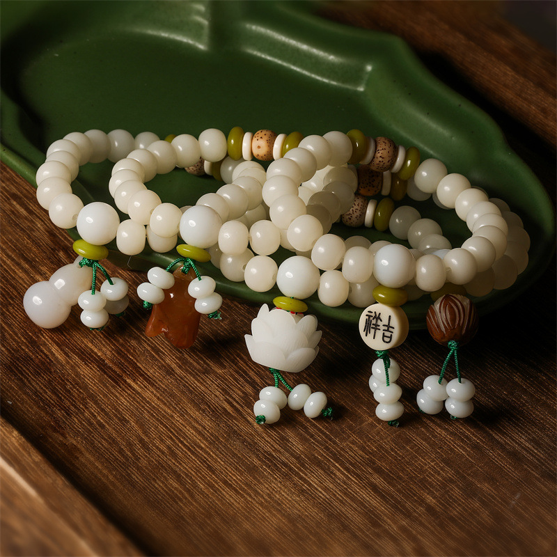 Pulsera de cuentas de raíz de bodhi de jade blanco al por mayor flor de bodhi de jade blanco loto Buda cuentas rosario bodhi pulsera joyas escénicas