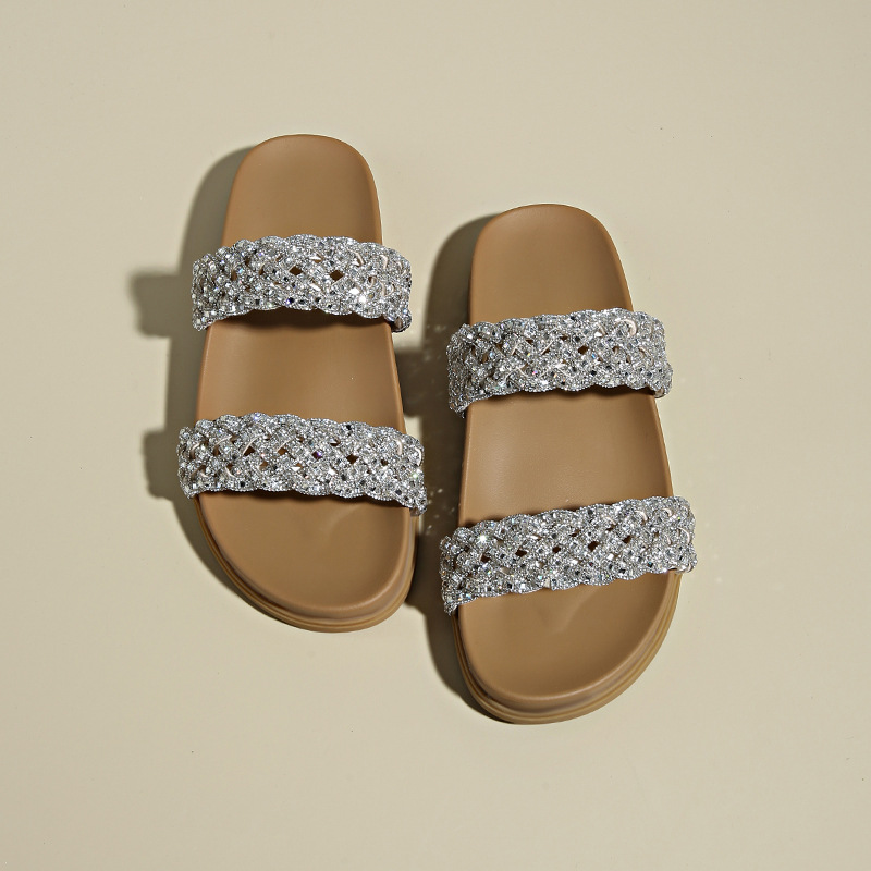 women's Slippers Sparkling Diamond Woven Fashionable Casual Slippers For Women, New Summer Versatile Low-Heel Flat Slip-On Sandals_voghion.com