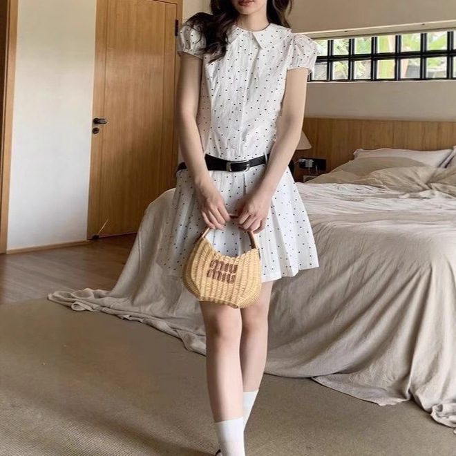 French Niche Summer Cheap Lapel Elegant A- line Short Skirt Polka Bubble Sleeve Waisted I-pleated dress Women