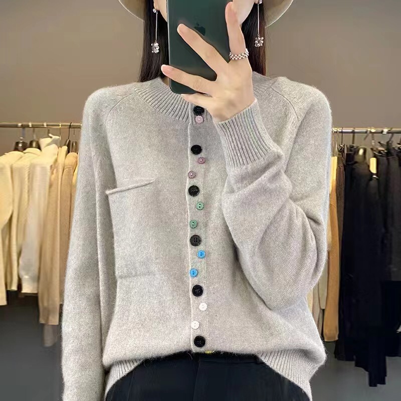 Autumn and Winter Photo Frame Hair Cardigan Women's Crewneck Sweater Jacket Casual Simple Loose Knitted Base Shirt Jacket All-match