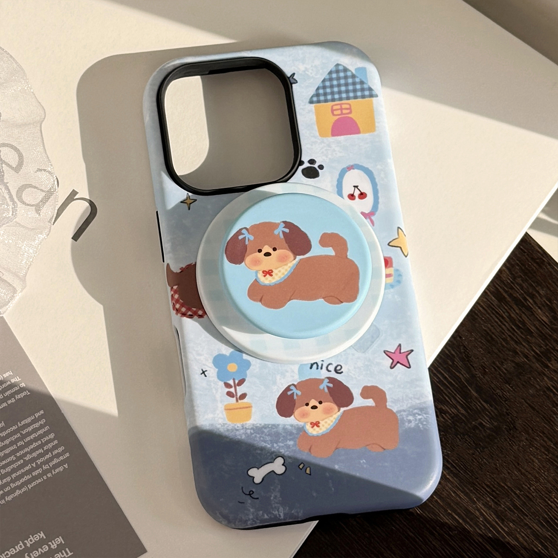 Cover telefono magnetica con supporto cucciolo iphone blu_voghion.com