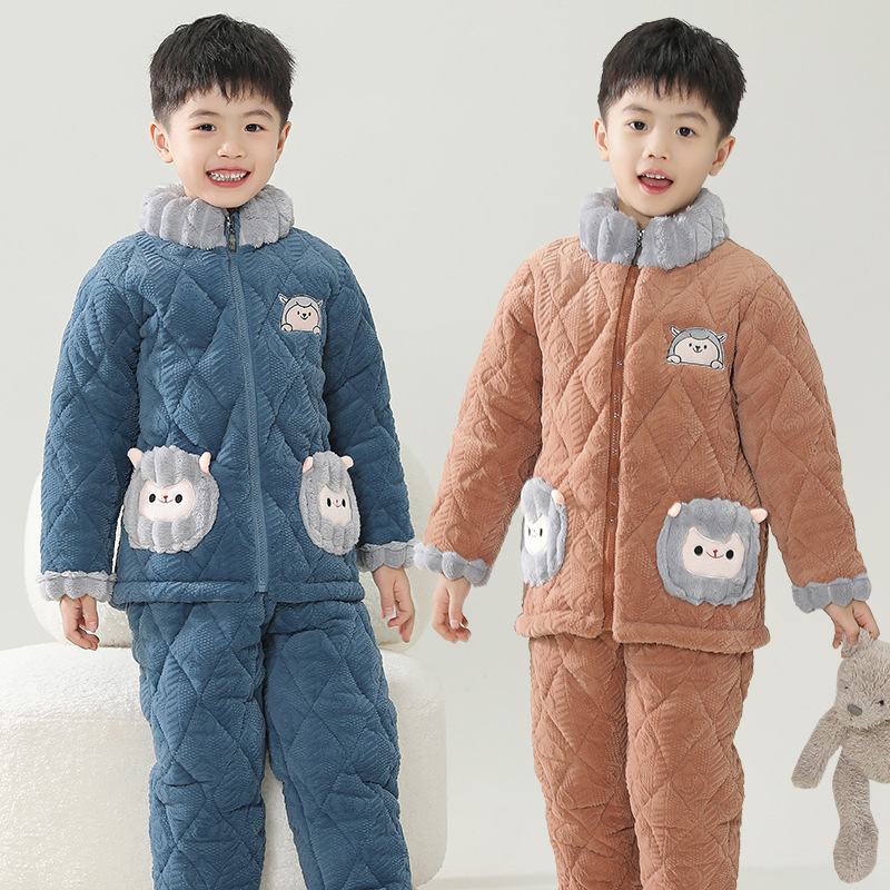 Children's Home Wear Three-Layer Quilted Thickened 2025 Winter Flannel Pajamas for Boys and Girls, Warm Set for Older Children